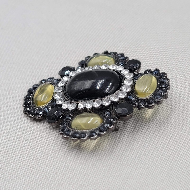 Vintage Yellow Cabochon Brooch Rhinestone Black Metal 2 1/8" gallery