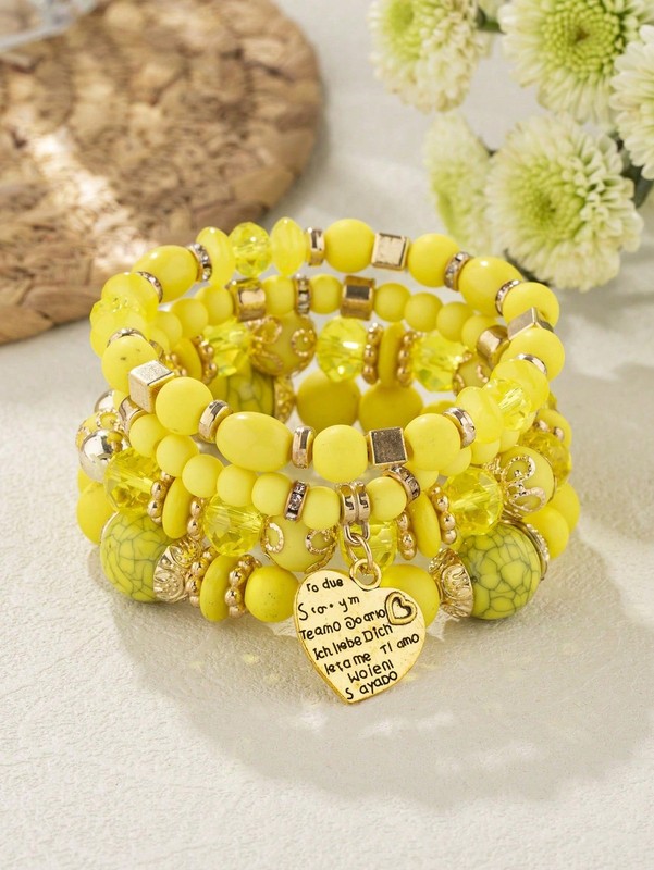 Yellow 4-Piece Bohemian Style Beaded Bracelet Set One Size gallery