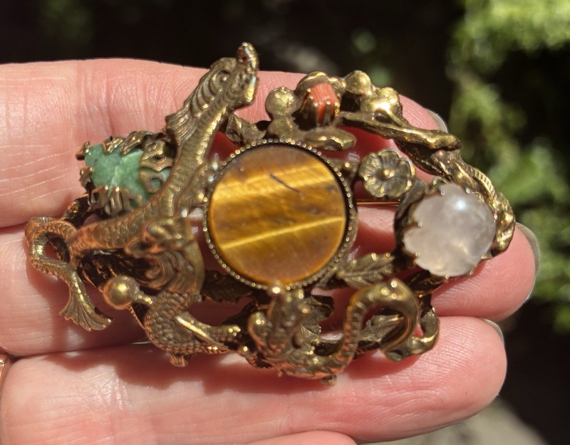 Vintage 3 Dragon Brooch Semiprecious Stones Asian