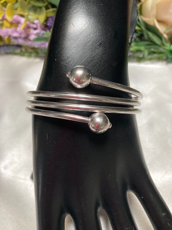 Classy Triple Coil Spiral Expandable Sterling Silver Double Ball Bangle Bracelet gallery