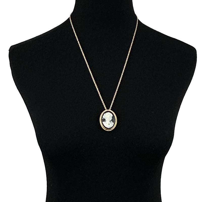 AVON vintage cameo set - brooch/pendant necklace & earrings black white gold gallery