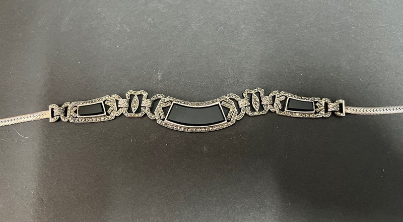 Silver Black Stone Marcasite Style Bracelet Adjustable Vintage Art Deco Look