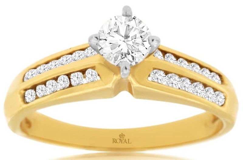 ESTATE .79CT DIAMOND 14KT YELLOW GOLD ROUND SOLITAIRE 2 ROW CHANNEL 4 PRONG RING