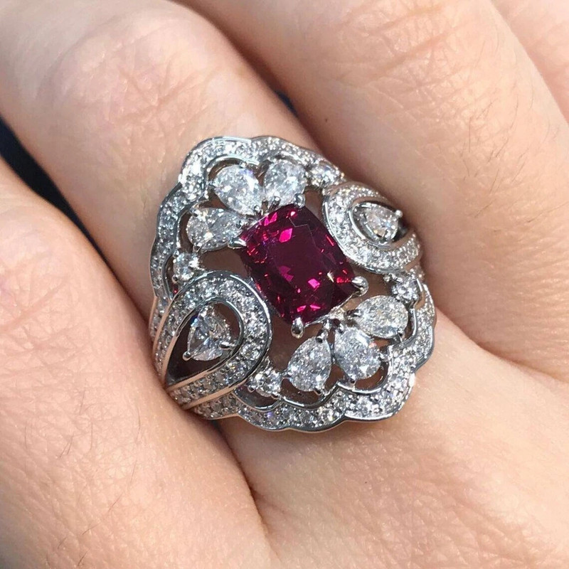 Luxury & Vintage Pigeon Blood Mozambique Ruby & Moissanite Ring 14K White GoldFN