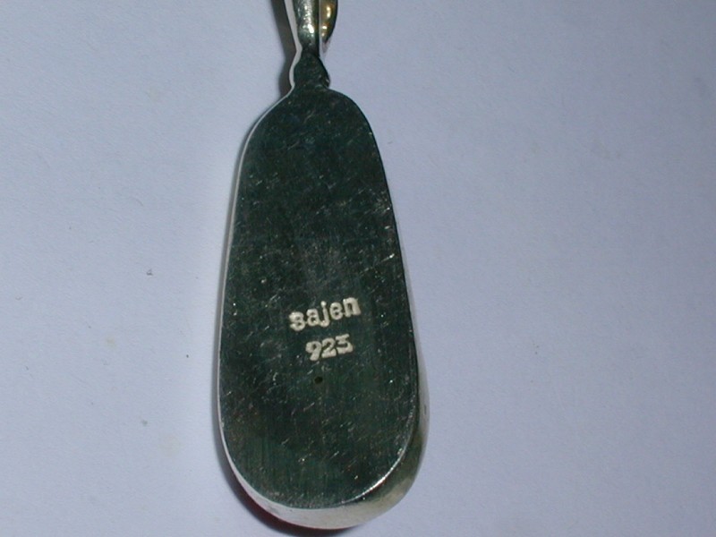 RARE~ VINTAGE SAJEN STERLING SILVER CARVED FLORAL CINNABAR LONG PENDANT! gallery