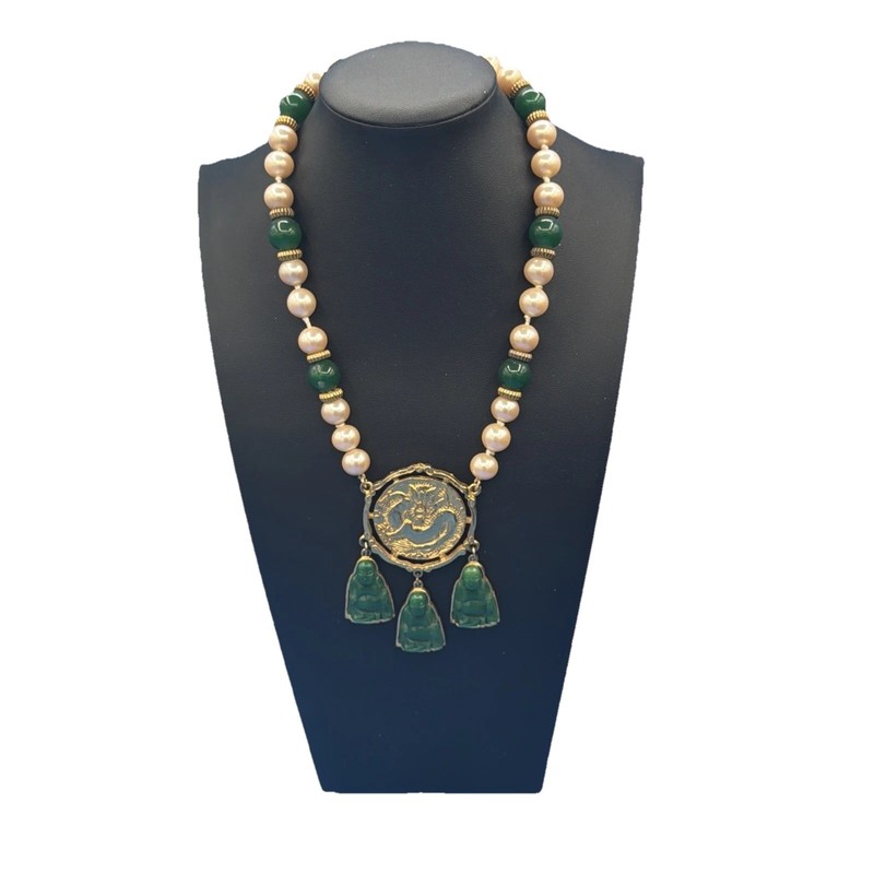 Vintage Donald Stannard Dragon Medallion Necklace – Pearls & Green Buddha Drops