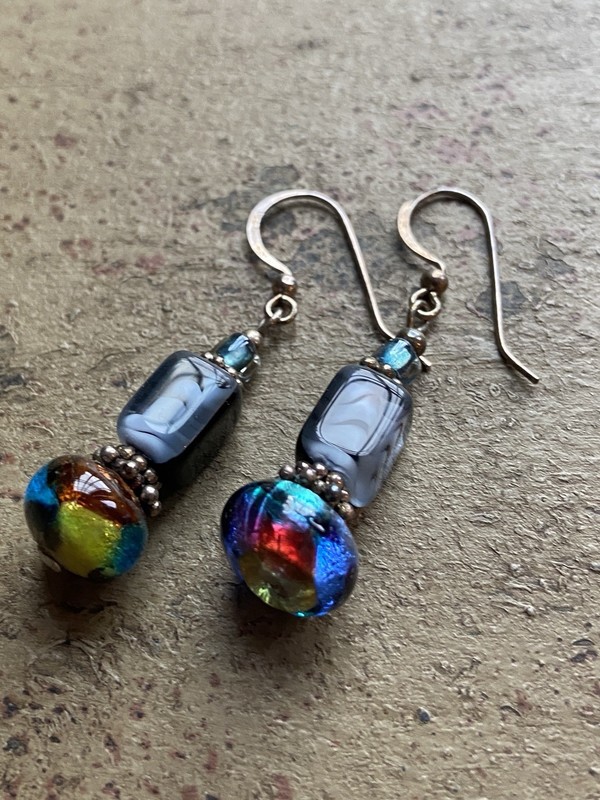 Vintage Venetian Murano Foil Art Glass Bead Sterling Silver Earrings