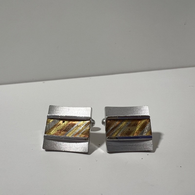 Vintage Anson Silver tone square cufflinks w mixed metal rectangle bullet back gallery