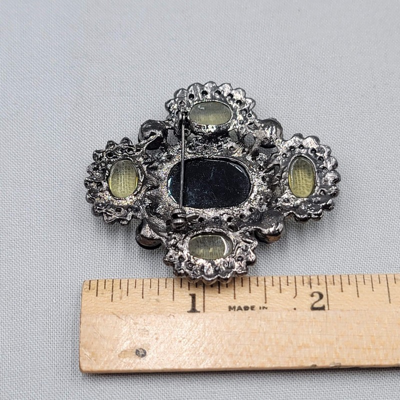 Vintage Yellow Cabochon Brooch Rhinestone Black Metal 2 1/8" gallery