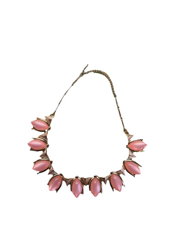 Vintage Pink Moonglow Lucite Thermoset Gold Tone Rhinestone Necklace