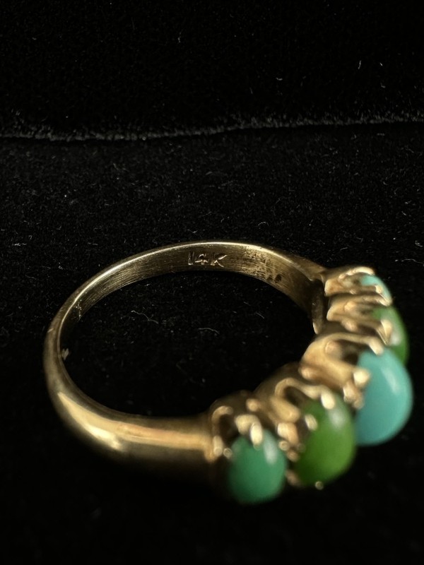 Antique Victorian 14k Gold 5 Prong-Set Blue Green Turquoise Channel Ring Sz 4.25 gallery
