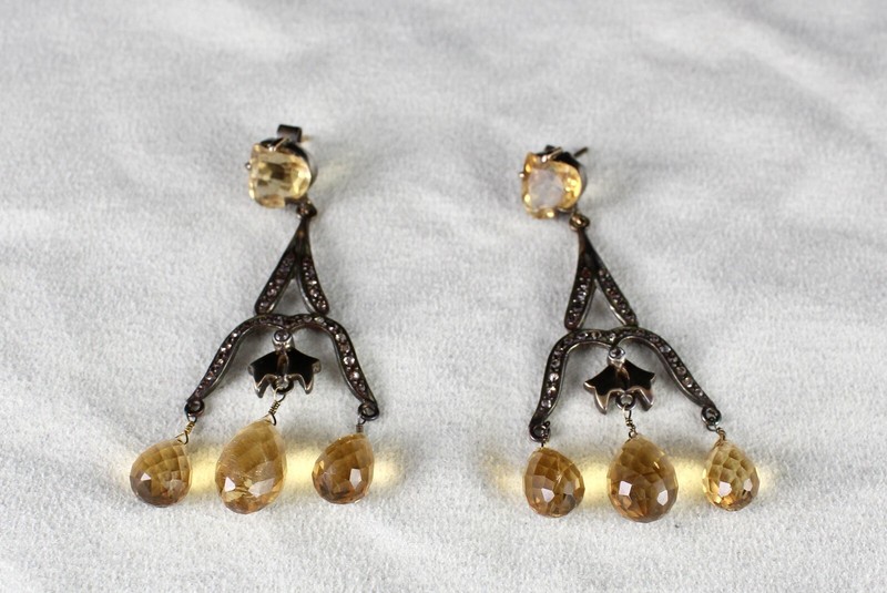 Certified Natural Citrine 10ct Drops Diamond Sterling Silver Victorian Earrings gallery