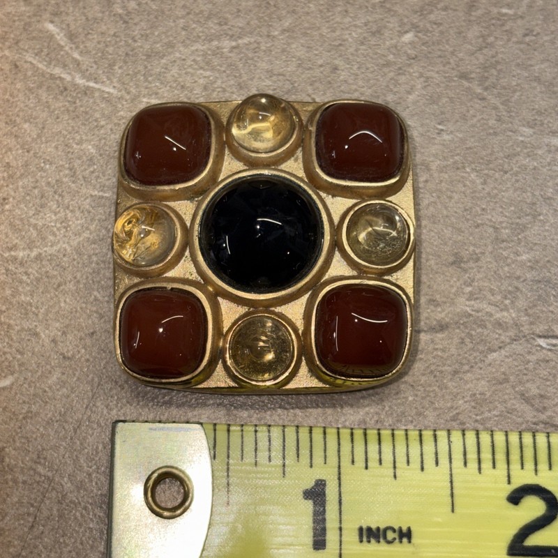 Elegant Vintage Square Pin With Black ~ Yellow ~ Brown Cabachon Stones ~ FR