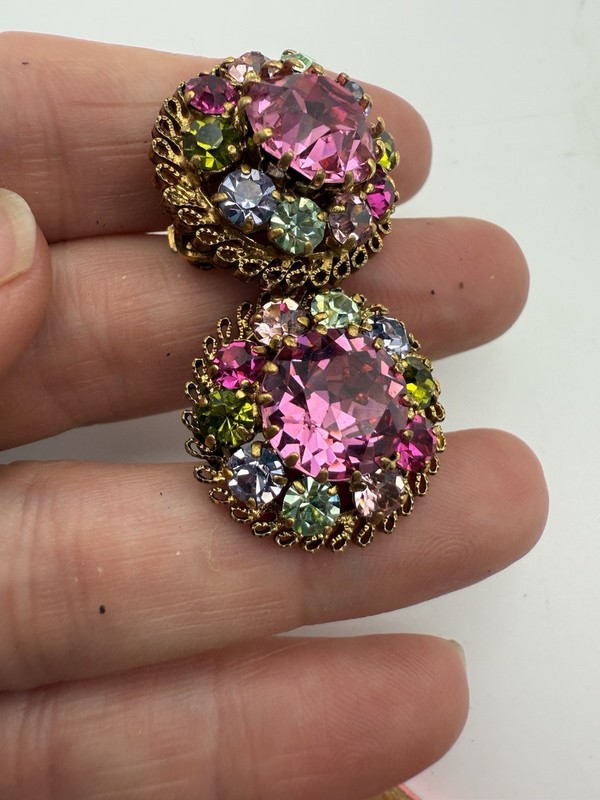 VTG Austria Fruit Salad Clip Earrings GoldTone Pink blue Faceted Crystals J140 gallery