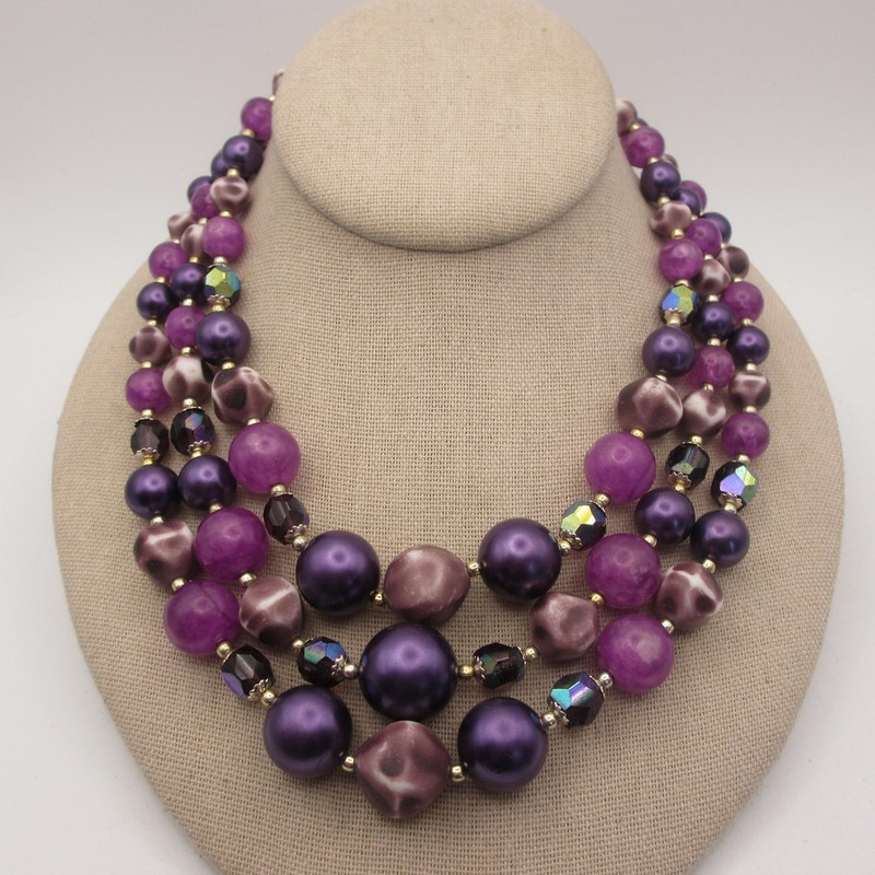Vintage Beaded Necklace Layered Purple Japan 17 Inch