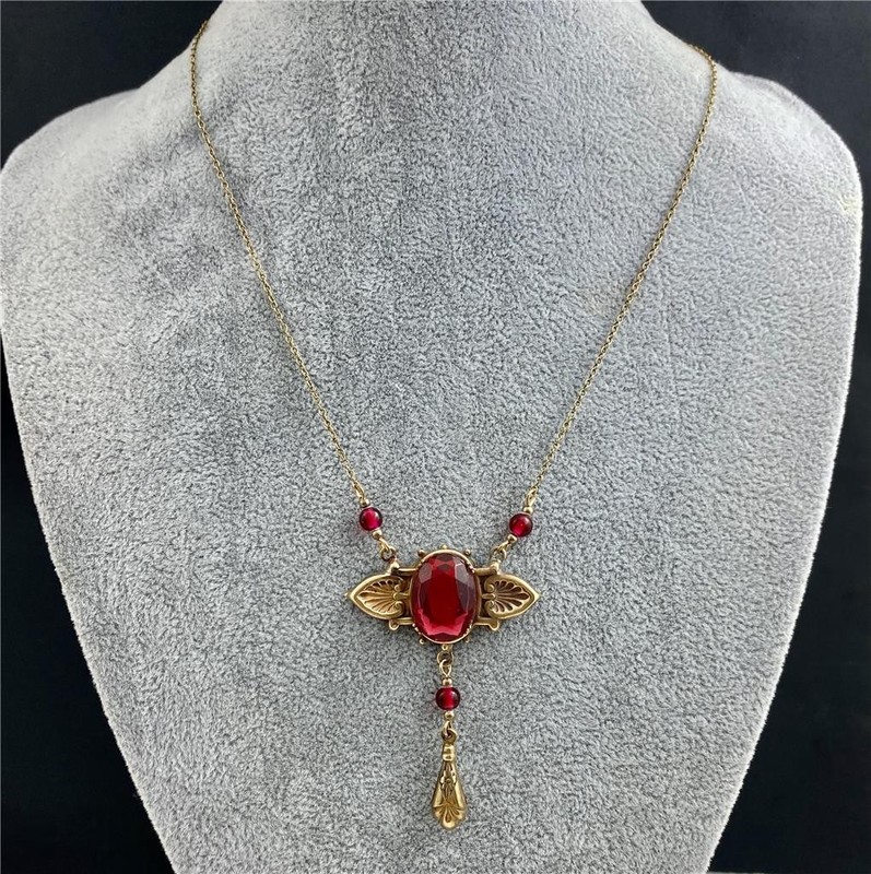Pididdly Links Art Nouveau Style Brass & Ruby Glass Pendant Chain Necklace 18″L.