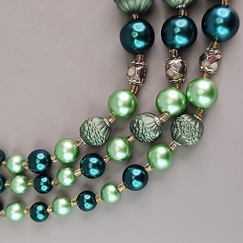 Vintage Beaded Necklace Green Triple Layered Acrylic Japan Choker 16" gallery