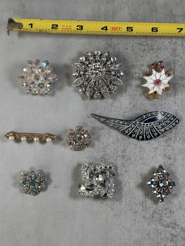 9 Pieces Rhinestone Brooch Pin Lot Aurora Borealis Enamel Flower Costume Jewelry