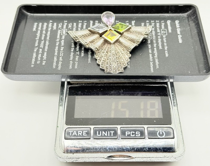 Sterling Silver Semi Precious Gemstones Marcasite Angel Shaped Brooch 15.1grams gallery