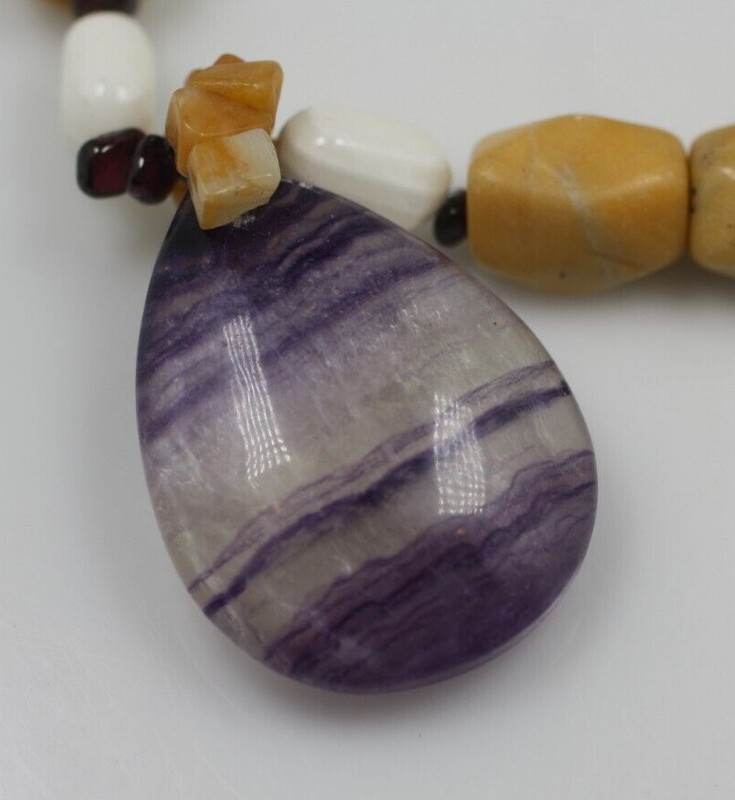 White brown tumble stones bead purple banded gemstone pendant drop necklace 18" gallery