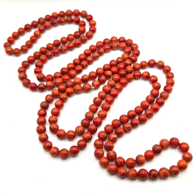 Vintage Red Apple Sponge Coral Bead Necklace 8mm Continuous Strand 62 Inch