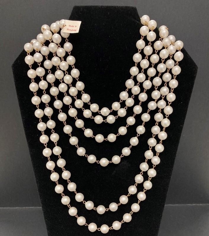 10 FEET VINTAGE HONG KONG SATIN 10mm. PEARL BRASS ROSARY CONTINUOUS CHAIN 1016 gallery