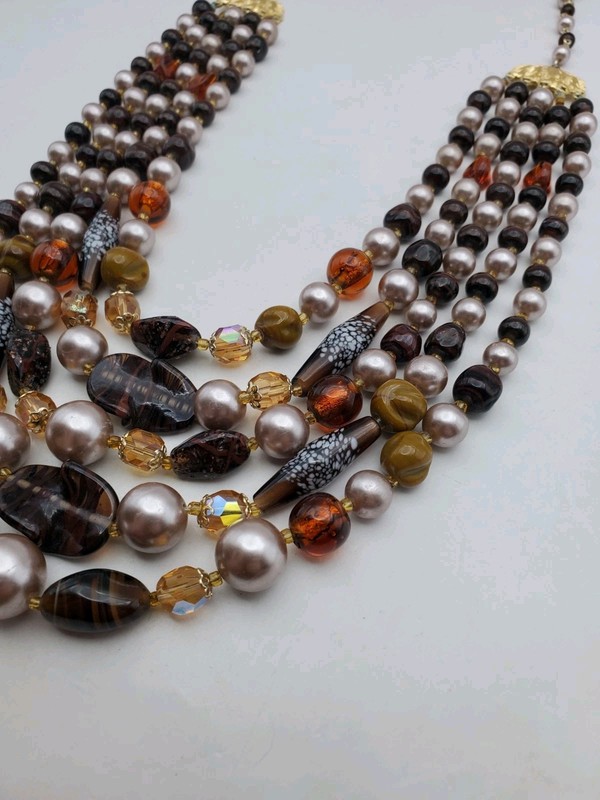 Vtg MCM Brown Art Glass Beads 5 Strand Necklace Multi Strand Necklace 15-17" gallery