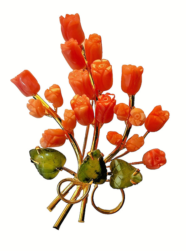 VINTAGE Brooch Bouquet Genuine Coral Pink Carved Roses Jade Leaves Gold Angelskn