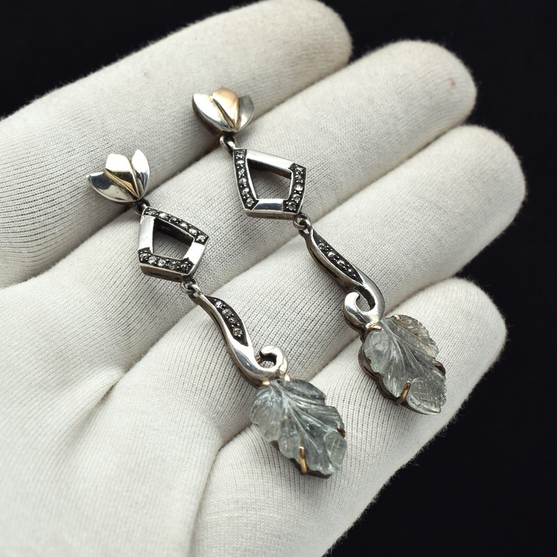 Natural Blue Tourmaline 10ct Carved Natural Diamond 18k Gold 925 Silver Earrings