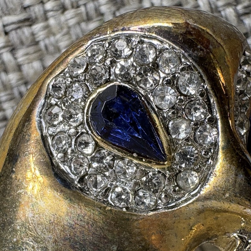 Vintage Gold Tone Owl Brooch Blue Baguette Eyes Rhinestone Pave Figural Pin gallery