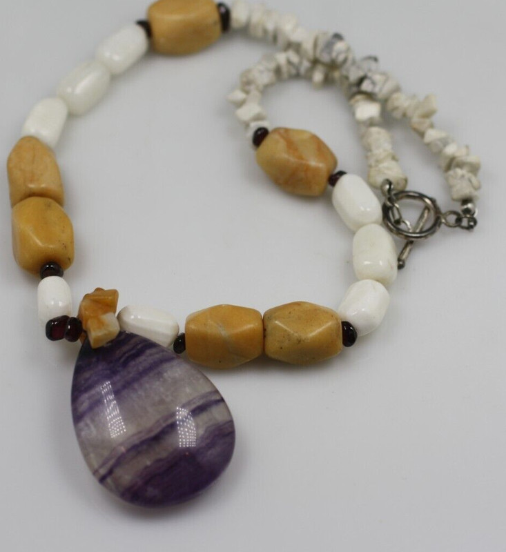 White brown tumble stones bead purple banded gemstone pendant drop necklace 18″