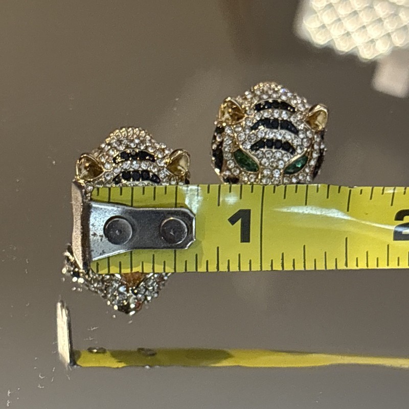 Gold Tone Tiger’s Head Earrings Black & White Rhinestone Green Eyes gallery