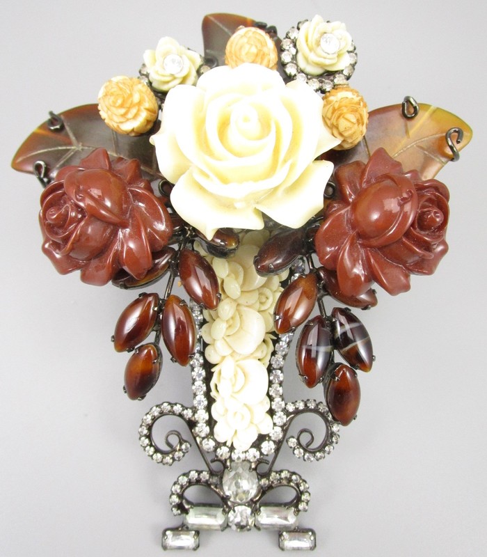 BEAUTIFUL LAWRENCE VRBA 5″ BROWN & CREAM FLOWER VASE BOUQUET BROOCH PIN