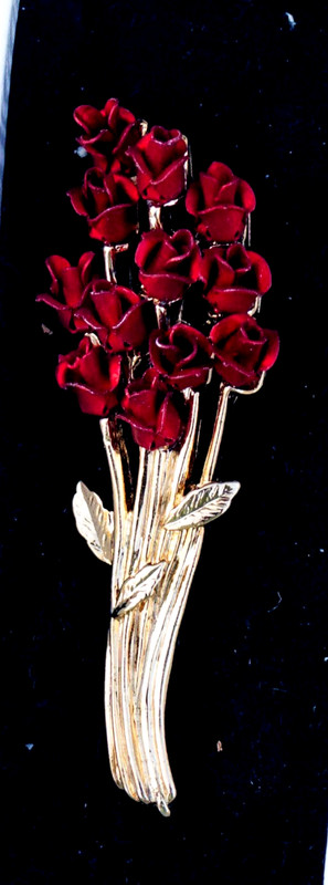 Dozen Stem Rosebud blooms gold tone enamel Brooch Pin