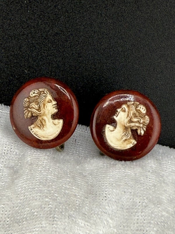 Vintage Cameo Earrings Wooden Screw Back Light Weight