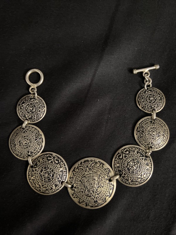 Vtg Bernice Goodspeed Sterling Silver Aztec Mayan Coin Calendar 8.5” Bracelet