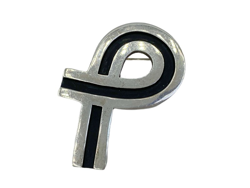 Bernice Goodspeed Taxco Mexico Mid-Century Vintage Silver Black Ribbon Brooch