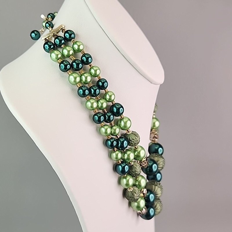 Vintage Beaded Necklace Green Triple Layered Acrylic Japan Choker 16" gallery