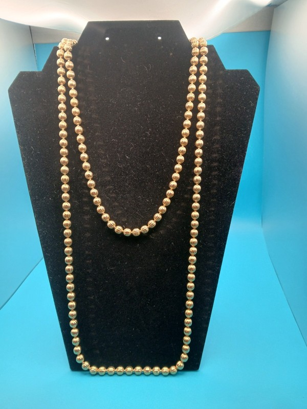 Vintage Signed Monet 54″ Textured Goldtone Beaded Necklace Opera Length