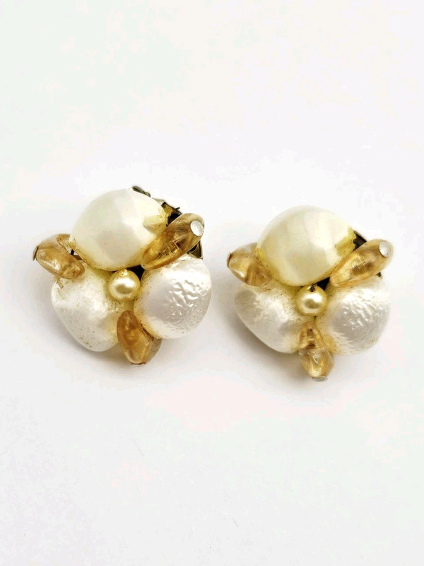 Vintage Japan earrings satin finish faux pearl bead clip on.