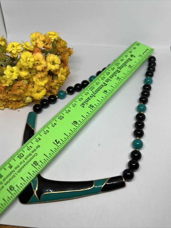 Vintage Enamel Black Green & Lucite Bead Statement Gold Tone Necklace 7243 gallery