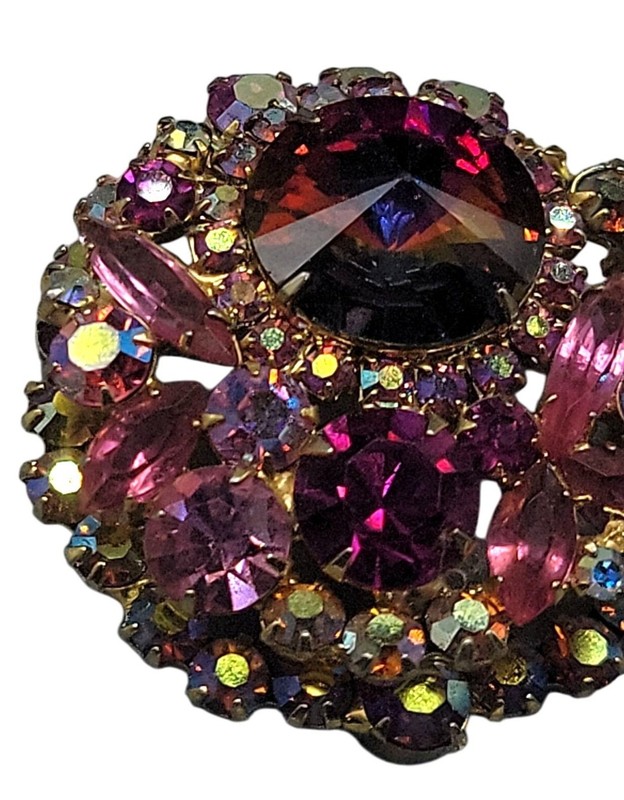 Juliana D&E Vintage Watermelon Rivoli Brooch Layered Pink Fuchsia AB Rhinestones gallery