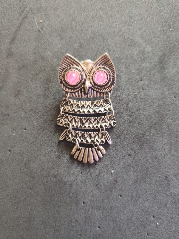 Vintage Articulated Owl Brooch Pink Rhinestone Eyes Silver Tone Dangle Pin
