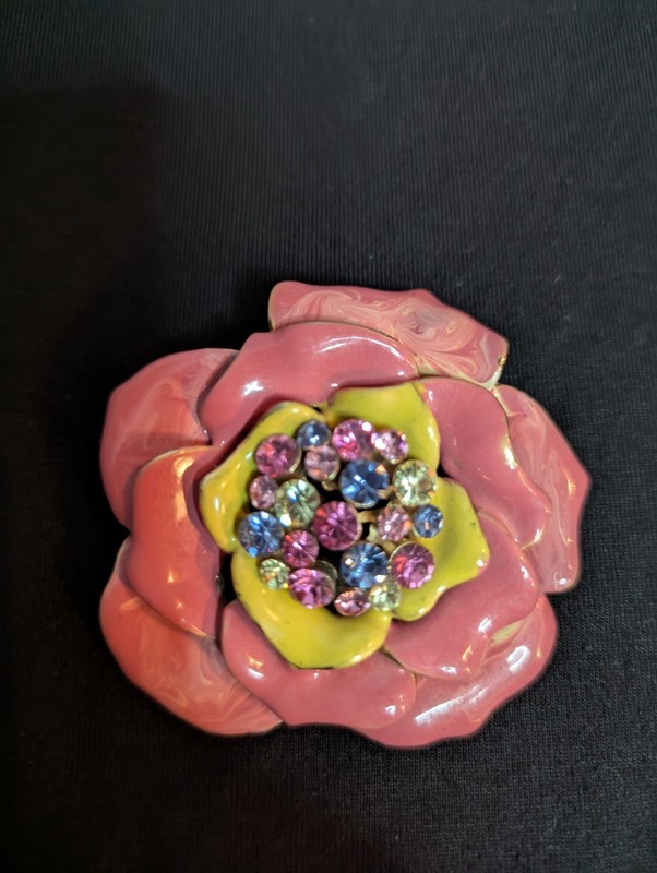 VTG Pink Yellow Floral Brooch Pin Bling Jewels Costume Jewelry 1980s 90s Estate