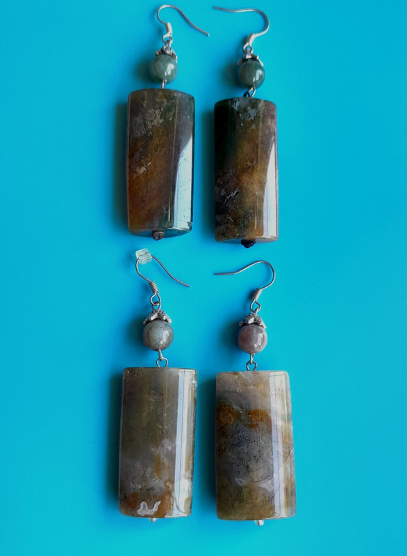 Set of 2 Pretty Large Green Gemstone Jasper? Pierced Dangling Earrings 2 3/4 in
