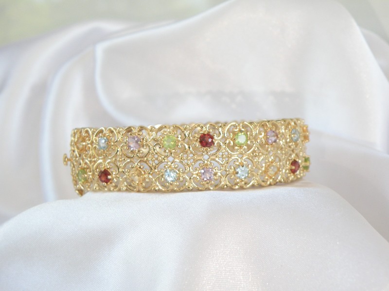 Sterling Silver 925 Gold on Natural Gemstone Statement Bracelet gallery