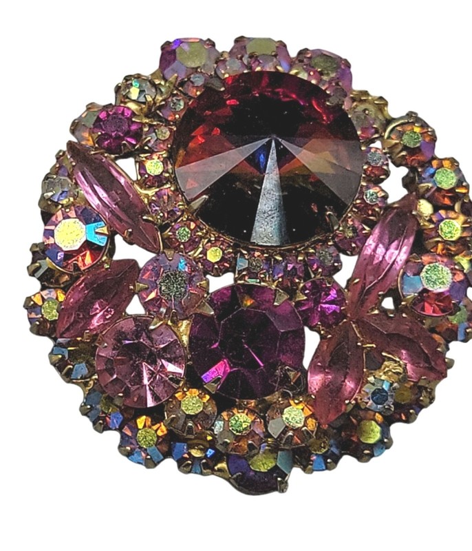 Juliana D&E Vintage Watermelon Rivoli Brooch Layered Pink Fuchsia AB Rhinestones gallery