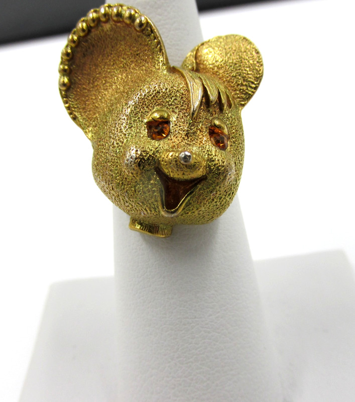 Unique Vintage Cartoon Mouse Ring Brushed Gold Tone Rhinestone Eyes Size 5 gallery