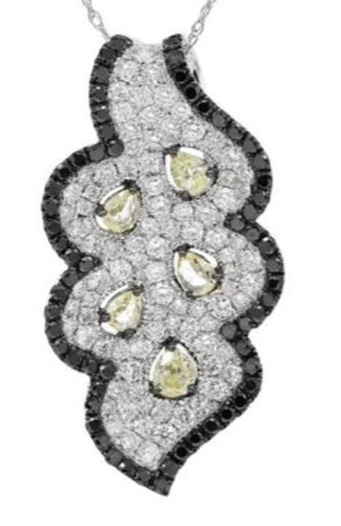 2.67CT WHITE BLACK & INTENSE FANCY YELLOW DIAMOND 18KT WHITE GOLD FLOWER PENDANT