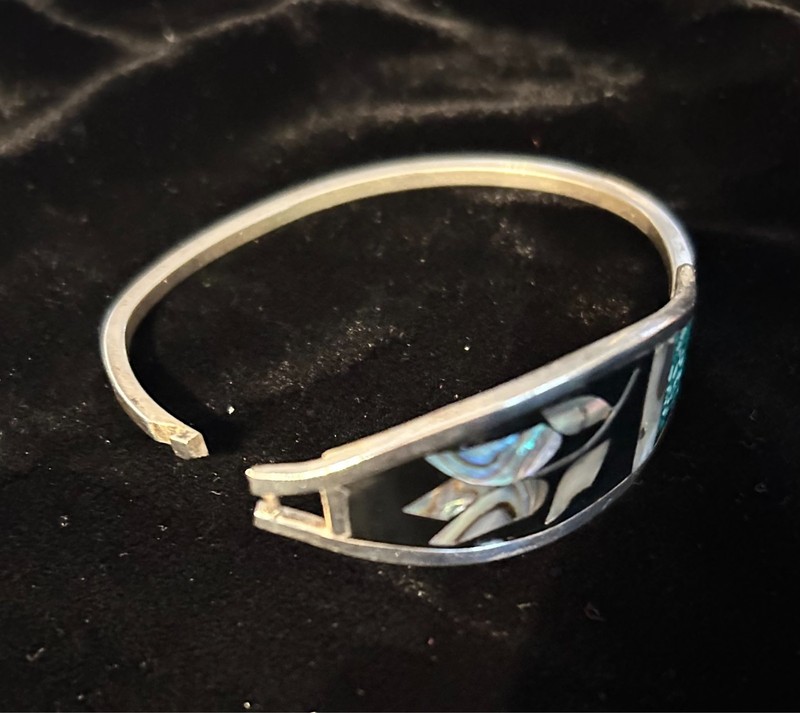 Vintage Hippie 70s Alpaca Mexico Silver Hinged Bracelet Abalone Turquoise Enamel gallery